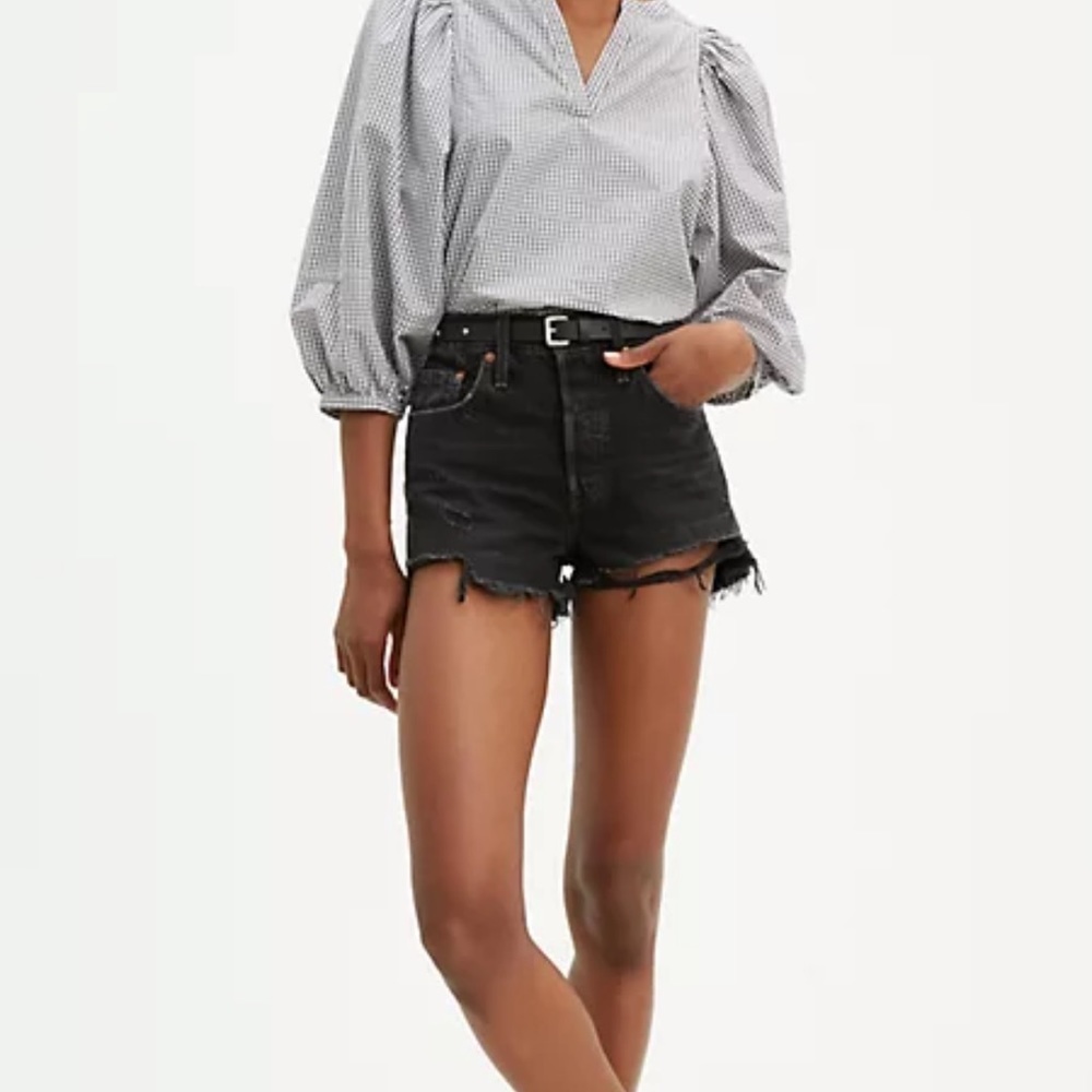 Levis 501 high waisted rise cotton black distressed denim shorts